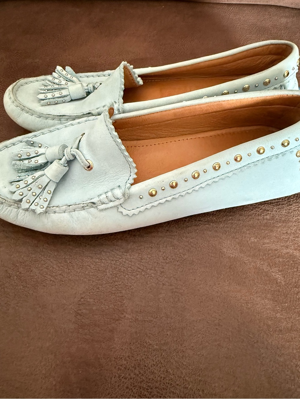 Coach Norfolk Nubuck Driving Moccasins Light Blue Studded Tassel Womens Size 7.5